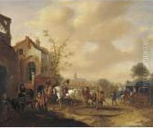 A Party Of Horsemen Arriving At A House With A Coach Passing By Towards A Town by Pieter Wouwermans or Wouwerman