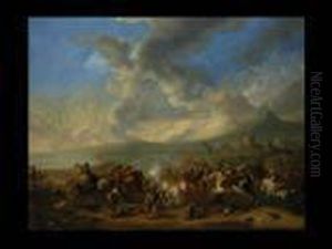 Schlachtenszene Vor Tiefer Landschaft Und Festung Schlachtenszene Vor Tiefer Landschaft Und Festung