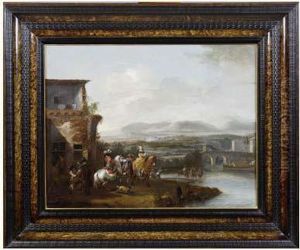 Cavaliers Dans Un Paysage De Riviere Avec Manoir Et Pont