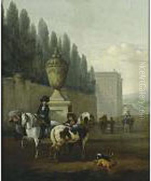 A Landscape With Two Horsemen 
And Two Dogs Near A Walled Garden, Other Horsemen In The Background Near
 A Palace - view 1