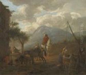 Travellers Resting And Watering Their Horses By An Inn by Pieter Wouwermans or Wouwerman