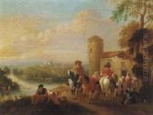Mounted Travellers At Halt By An Inn, A River And Town Beyond by Pieter Wouwermans or Wouwerman