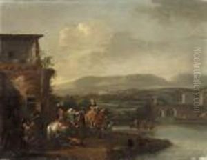 Travellers Outside An Inn By A
River, An Extensive Landscape With Abridge And A Manor House Beyond by Pieter Wouwermans or Wouwerman
