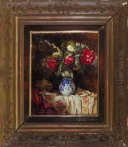Rosenstraus In Delftervase Auf Draperie, Im Hintergrund Eine Deckeldose by Anton Wrabetz