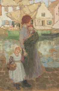 Mother And Children By A Fife Harbour, Probably Pittenweem by James Wright