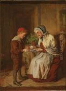 Mending The Violin; Winding
Wool; Interior Studies Of Grandparents And Their Grandchildren by Robert W. Wright
