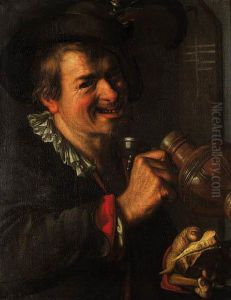 A Peasant Man Holding A Jug And A Piece Of Bread And Cheese - Anallegory Of Taste