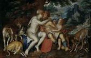 Venus Und Adonis Mit Amor. Im Hintergrund Adonis Im Kampf Gegen Den Wilden Eber. by Peter Wtewael