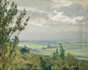 Vortaunuslandschaft. Signiert 
Und Datiert Unten Rechts: F. Wucherer/2...24. Ol Auf Karton. H 46; B 58 
Cm. Verso Bildtitel Und Adresse Des Kunstlers In Kronberg. by Fritz Wucherer