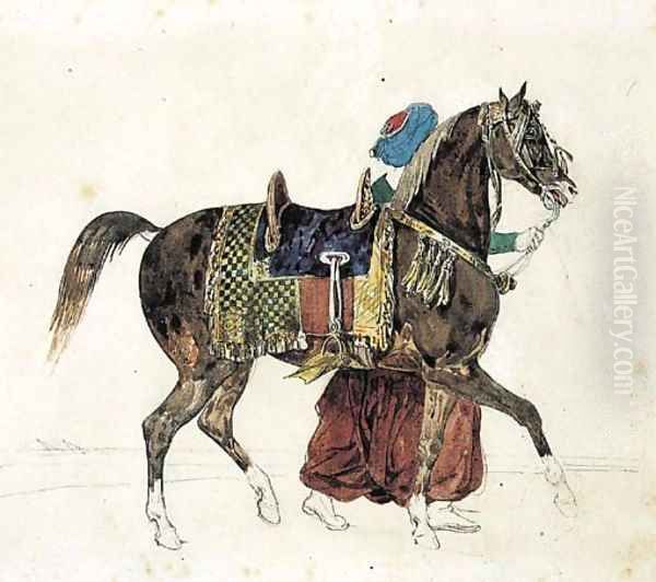 A harnessed horse led by a mameluk, two pyramids in the background - view 1
