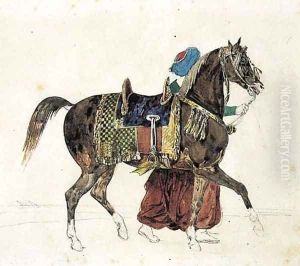 A harnessed horse led by a mameluk, two pyramids in the background