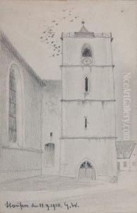 Gotischer Kirchturm In Staufen. Bleistiftzeichnung