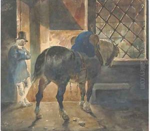 A cart-horse and a postilion at the door of a forge by Theodore Gericault