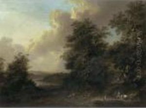 An Extensive Wooded River Landscape With Travellers Praying At A Roadside Shrine