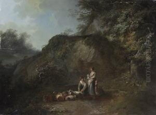 Hirtenfamilie Mit Schafen In Einem
 Felsigen Tal. - view 1
