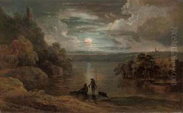 A Moonlit River Landscape With Anglers - view 1