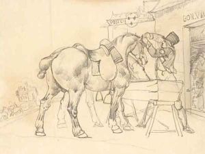 A postal conductor attending to two saddled horses in front of a postal relay station