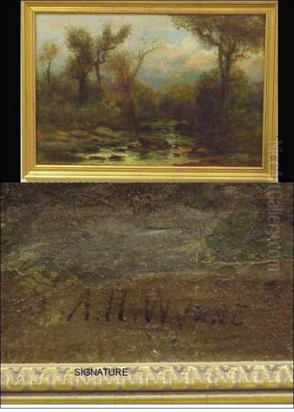 Oil On Canvas, Woodedlandscape
With Brook At Dawn, Signed Lower Right, Relined,craquelure, Some
Inpainting, In A Gilt Frame, Ss: 23 1/2" H. X 35 "w - view 1