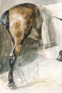 The hindquarters of a horse in a stable, with a study of a leg