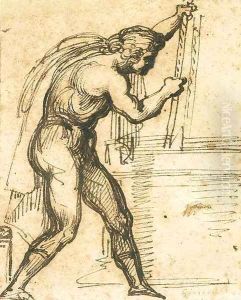 A man in profile to the right lowering a bucket into a well