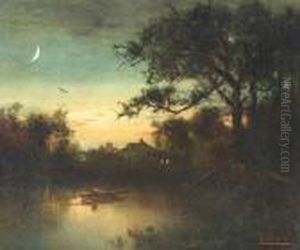 A Figure In A Punt Under A Moonlit Sky