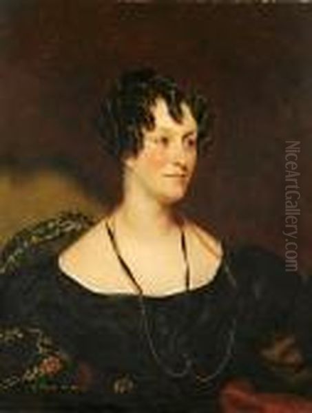 A Portrait Of Charlotte 
Winchcombe Austin, Nee Hicks, Half Length In Black Gown With Pearl And 
Gold Jewellery, A Paisley Shawl On The Chair Behind - view 1