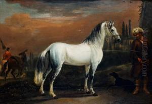 An Arab Grey With A Groom, A Dog And Otherfigures Beyond In A Turkish Landscape by Jan Wyck