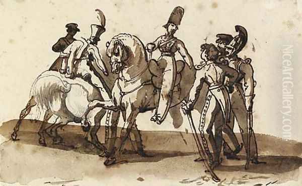 Horsemen talking to dismounted officers - view 1