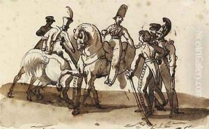 Horsemen talking to dismounted officers