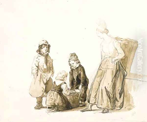 Three children around a basket, their mother leaning against a wall, looking on - view 1