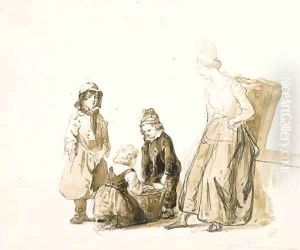 Three children around a basket, their mother leaning against a wall, looking on