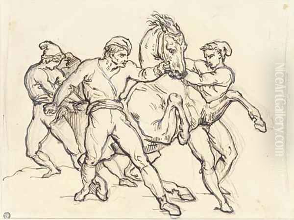 Three men restraining a horse - view 1