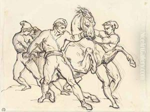 Three men restraining a horse