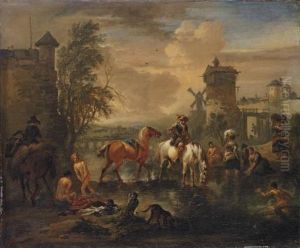 A River Landscape With Travellers Bathing, By A Village