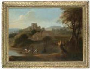 An Italianate Riverlandscape 
With Cavalrymen On A Boat In The Foreground, A Fortified Town On A 
Hilltop Beyond