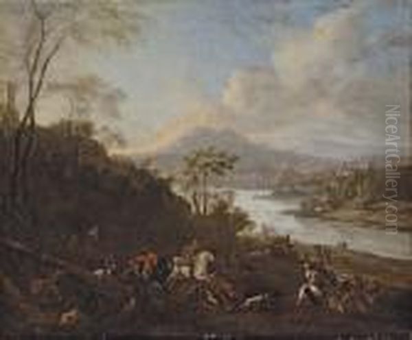 A Boar Hunt In A Wooded Landscape - view 1