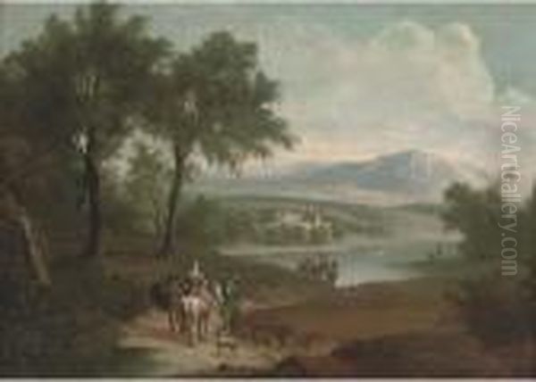 An Extensive Landscape With A 
Hunting Party On A Track And Fishermen By A Lake, A Country House Beyond - view 1