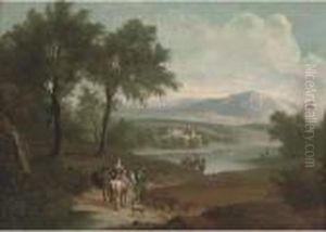 An Extensive Landscape With A
Hunting Party On A Track And Fishermen By A Lake, A Country House Beyond by Jan Wyck