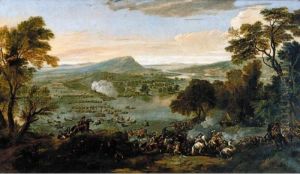 An Extensive Landscape With An 
Army Fording A Large River, Said To Be Louis Xiv Crossing The Rhine