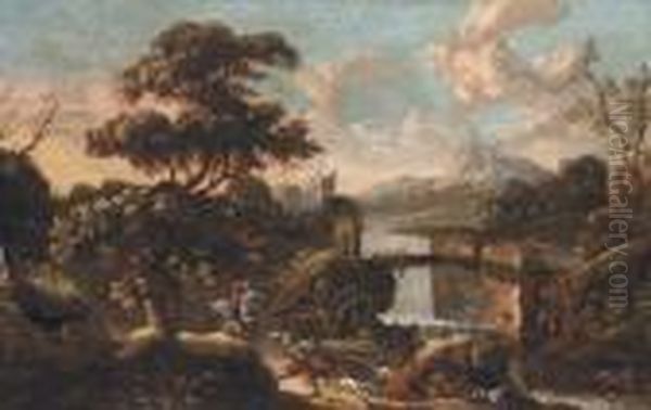 An Extensive Italianate Landscape With A Stag Hunt In Theforeground - view 1