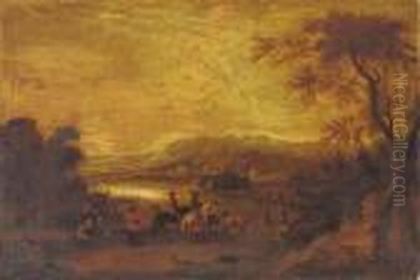 Cavalrymen Approaching A Riverside Town - view 1