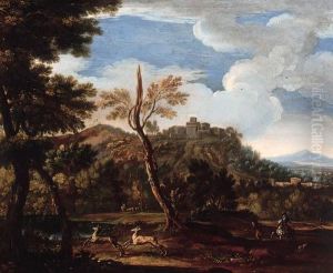 An Extensive Landscape With A Deer Hunt by Jan Wyck