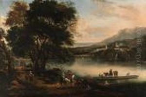 A River Landscape With An 
Elegant Couple On Horseback By A Ferry, Afortress And Town Beyond