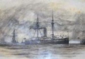 A Flotilla Of Royal Naval Warships Off A Coast thumbnail