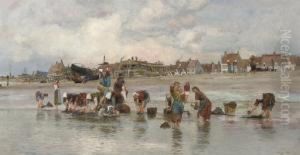 Washerwomen At The Water's Edge With Boats On The Stocks Beyond Washerwomen At The Water's Edge With Boats On The Stocks Beyond