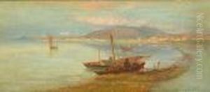 A Mediterranean Coastal Scene With A Figure In A Fishing Dinghy In The Foreground