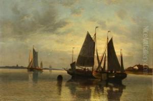 Fishing Boats In A Harbor At Sunset Fishing Boats In A Harbor At Sunset