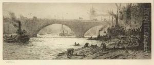 London Bridge With Tower Bridge Beyond by Charles William Wyllie