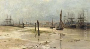 Shipping At Dawn, Woolwich Reach On The River Thames by Charles William Wyllie