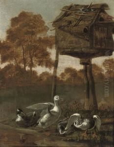 Ducks By A Stream With A Dovecote Ducks By A Stream With A Dovecote